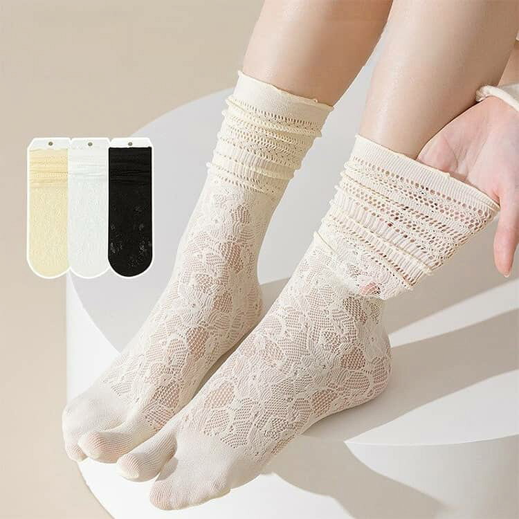 ちっとしょっぷの足袋 夏の着物用 足袋ソックス シースルー 指ソックス 可愛い 通気性 3足セット レース足袋 2本指 靴下 ゆかた ストレッチ 薄手 レース 夏用 足袋ソックス クルーソックス 浴衣 レディース 和装 着物 おしゃれ 刺繍 通勤 通学｜アングル2