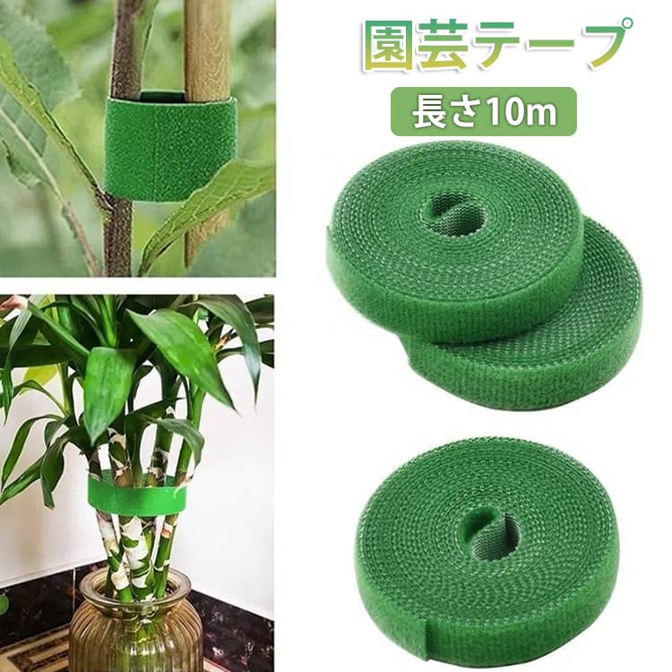 植物を傷つけにくい園芸用テープ です。植物の誘引や固定に最適で、成長をやさしくサポートします。柔軟な素材で植物の茎や枝を優しく固定し、伸びるにつれて自然に緩み、締め付けによるダメージを防ぎます。扱いやすく、初心者の方にもおすすめです。多用途で使い勝手抜群。 サイズ 幅12mm サイズについての説明 【サイズ】幅: 12mm、長さ:10m（10巻セット、1巻あたり約1m、合計約10m） 素材 【素材】ポリエステル、その他 色 長さ10m 備考 ●サイズ詳細等の測り方はスタッフ間で統一、徹底はしておりますが、実寸は商品によって若干の誤差(1cm～3cm )がある場合がございますので、予めご了承ください。 ●製造ロットにより、細部形状の違いや、同色でも色味に多少の誤差が生じます。 ●パッケージは改良のため予告なく仕様を変更する場合があります。 ▼商品の色は、撮影時の光や、お客様のモニターの色具合などにより、実際の商品と異なる場合がございます。あらかじめ、ご了承ください。 ▼生地の特性上、やや匂いが強く感じられるものもございます。数日のご使用や陰干しなどで気になる匂いはほとんど感じられなくなります。 ▼同じ商品でも生産時期により形やサイズ、カラーに多少の誤差が生じる場合もございます。 ▼他店舗でも在庫を共有して販売をしている為、受注後欠品となる場合もございます。予め、ご了承お願い申し上げます。 ▼出荷前に全て検品を行っておりますが、万が一商品に不具合があった場合は、お問い合わせフォームまたはメールよりご連絡頂けます様お願い申し上げます。速やかに対応致しますのでご安心ください。