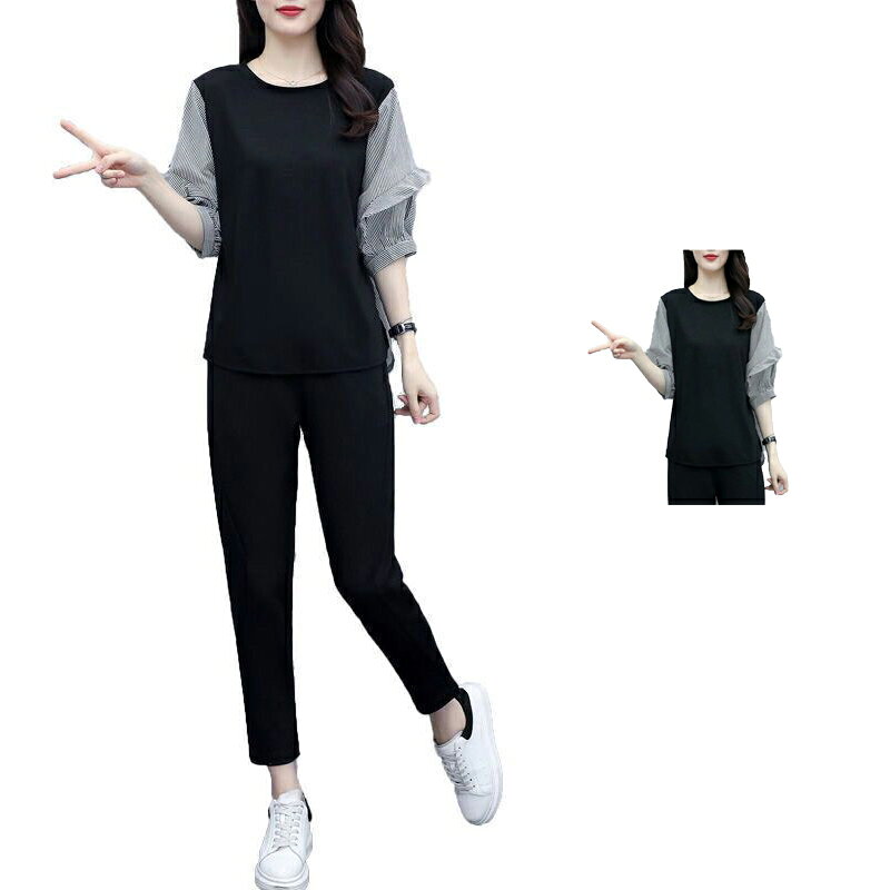 Rakuten - 送料無料 トップス tシャツ 上下セット カットソー ブラウス クルーネック チェック柄 ボリューム袖 パフスリーブ 切り替え 大人可愛い カジュアル オフェス 通勤 通学 ブラック