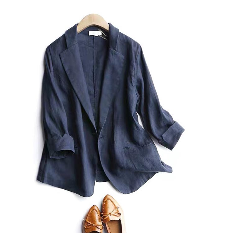 リネン アウター 7分袖 夏 秋 春 ポケット付き 薄手 レディース コットンリネン ライトアウター テーラードジャケット 綿麻 ママ 50代 スーツ テーラード カジュアル 韓国 大きいサイズ 会社 綿麻混 ネイビー 紺 30代 40代 通勤