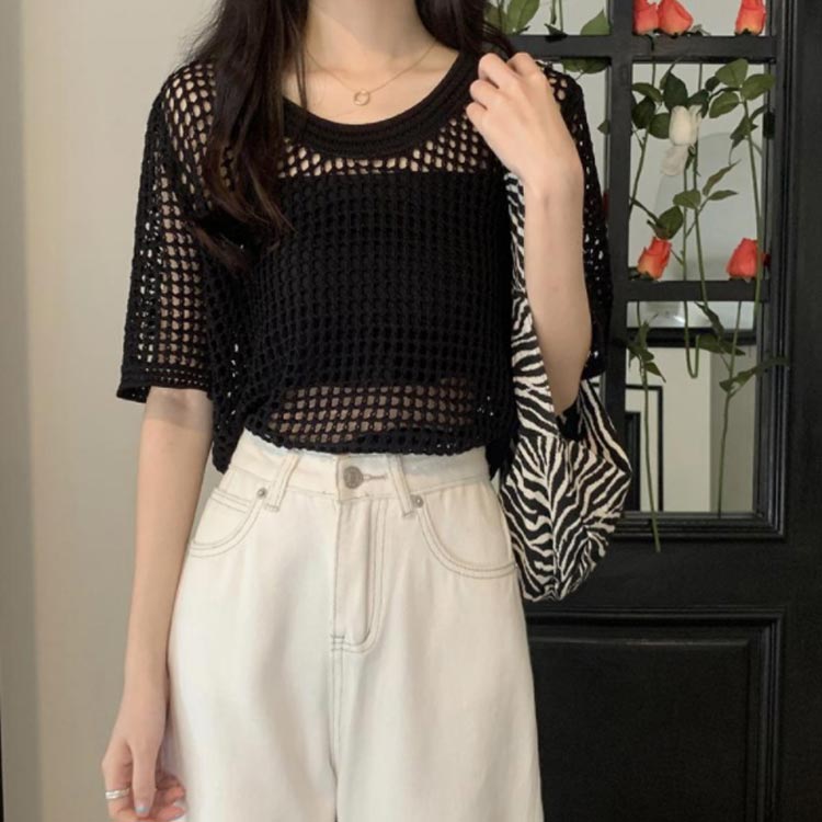 サマーニット カットソー レディース ニット トップス 透かし編み 肌見せ 半袖 サマーセーター ブラウス 無地 メッシュ 丸首 ニットトップス サマーニット ゆったり 体型カバー 重ね着 UV対策 シアー オフィス 大人 可愛い 春 夏