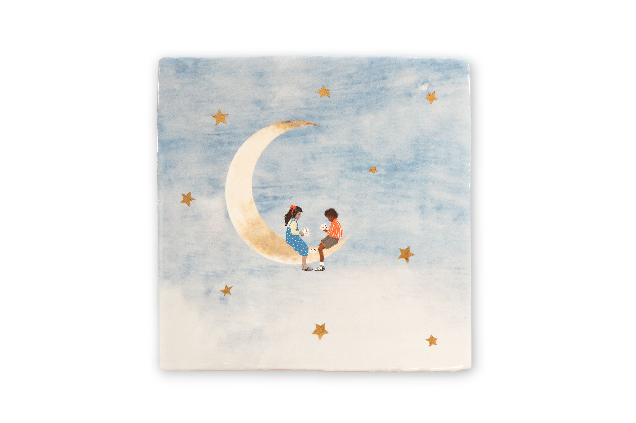 樂天商城 - StoryTiles　オランダ製セラミックタイル/陶板/ウォールデコレーション　Little Friends on the Moon　Mサイズ（13×13cm）　【ウォールアート ウォールデコレーション セラミック 陶器 タイル 陶板 北欧雑貨 モノトーン おしゃれ インテリア モノクロ 壁掛け 小物 可愛い レ