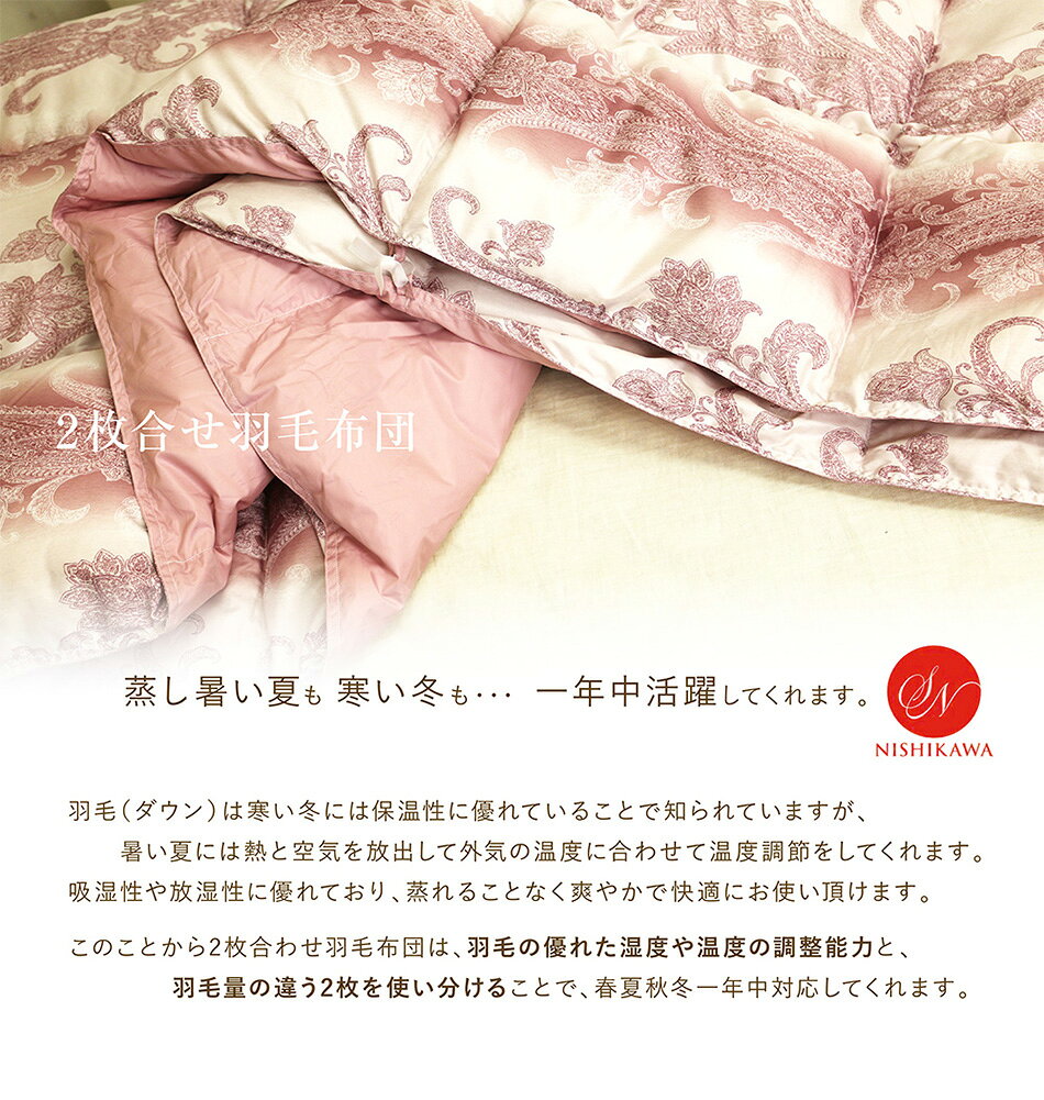 羽毛布団 2枚合わせ 昭和西川 ホワイトダックダウン85％ シングルロング 150×210cm 【柄番：NU-85】 ピンク ベージュ 送料無料 洗濯機OK 洗える 軽量生地 掛け布団 羽毛ふとん 羽毛掛け布団 合掛け 肌掛け 2枚合せ 2枚重ね オールシーズン デュエット オールシーズン cho-nunoya-10010073 超寝具店ヌノヤ楽天市場店 サンプル画像3