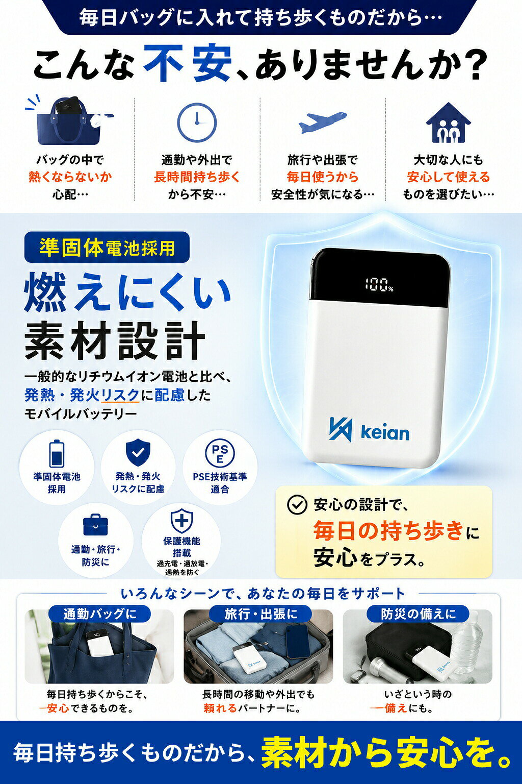 機内持ち込み対応 燃えにくい 準固体電池採用 モバイルバッテリー 10000mAh PSE認証済み KEIAN MAGSAFE準拠 USB 4台同時充電 ワイヤレス急速充電器 次世代急速充電 軽量 コンパクト スマホ タブレット USB タイプCケーブル内蔵 保護機能付 chobt-10001264 MTI直販(nb)公式 楽天市場店 サンプル画像2