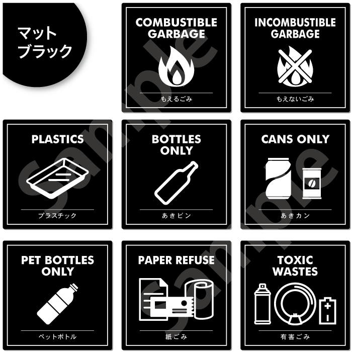 一目で分かるイラスト入り シンプルでおしゃれなデザイン ステッカー ラベル 英語 屋外 耐水 耐候 丈夫 強粘着 再剥離 ゴミ箱 新生活 引っ越し インテリア ゴミ分別シール 家庭ごみ基本 8種類セット もえるごみ もえないごみ プラスチック あきビン あきカン ペットボトル