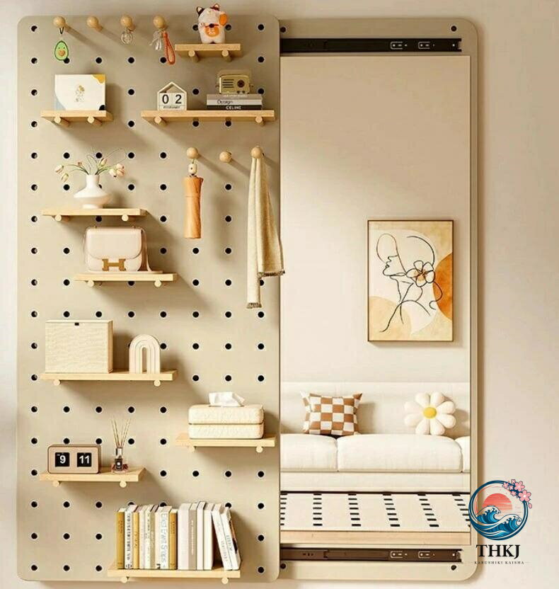 【全品2点で5%OFF】全身鏡付き収納棚 玄関壁面収納鏡 無垢材洞板壁掛け鏡