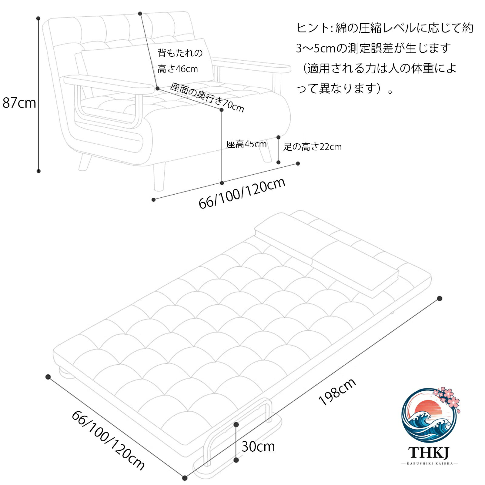 ソファーベッド 折りたたみソファーベッド 3way 背もたれのアームレストは90°〜180°に調節可能 リクライニング 一人暮らし ロータイプ カウチスタイル リビングルーム、書斎、オフィスのソファに適して(120cm) [2]