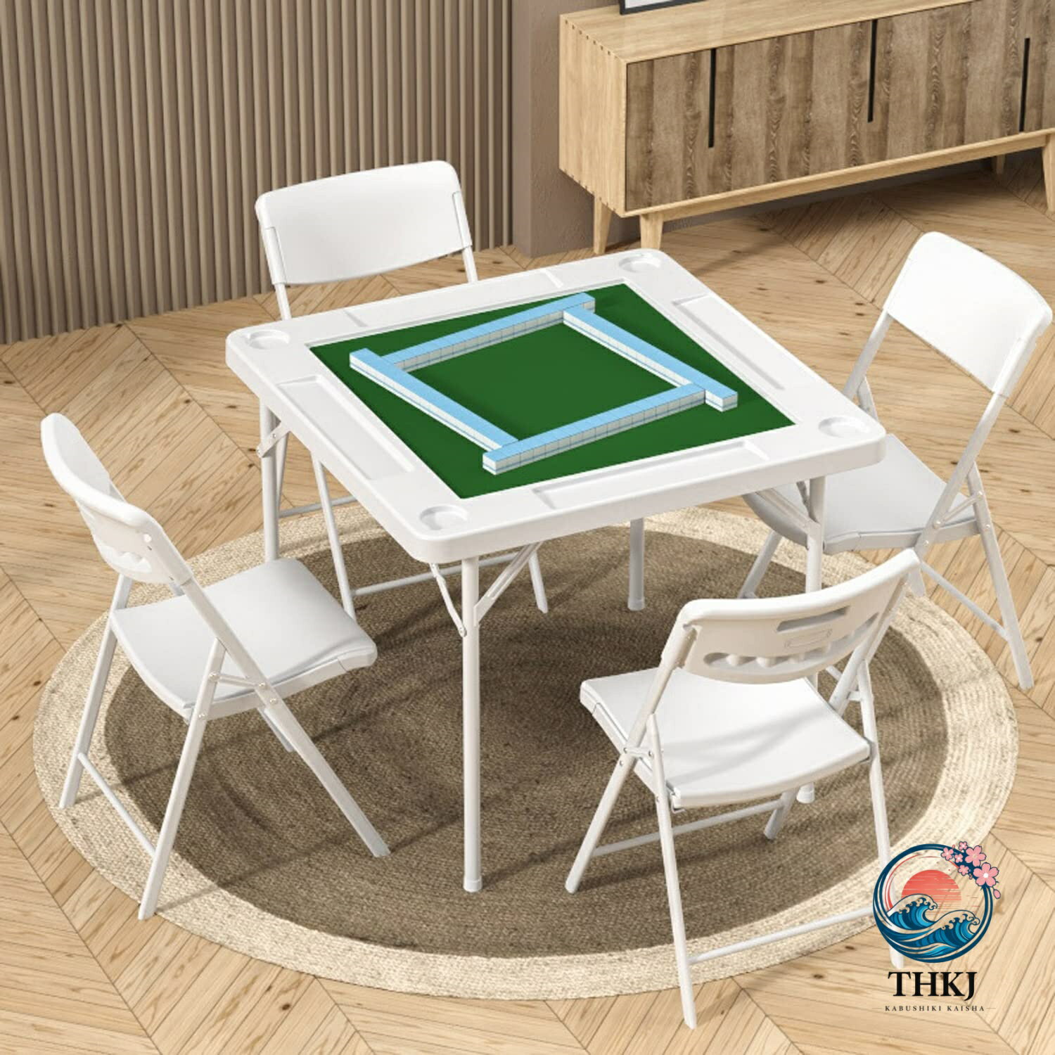 Mahjong Table - 麻雀卓 折り畳み式 麻雀テーブル カップホルダー＆チップトレイ付き 軽量 高密度ポリエチレン ハニカム構造 多機能 ポータブル4脚手打ち麻雀卓 携帯便利 麻雀クラブ 麻雀教室 老人ホーム 旅行用 家庭用 麻雀牌別売り(90*90cm) (Size : 麻雀卓+チェア*4)