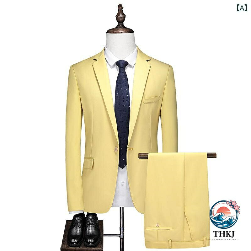 Trousers, Bottoms - スーツ メンズ セットアップ 男性用 スリム 細身 韓国風 ビジネス 営業 フォーマル 礼服 オフィス 通勤 結婚式 パーティー 二次会 ポリエステル 混紡 ブル ネイビー ブラック イエロー