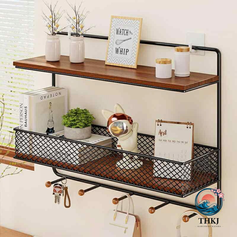 【全品2点で5%OFF】ウォールシェルフ 壁掛け 飾り棚 おしゃれ 賃貸 取り付け 簡単 穴開けない DIY 木製 ボード アイアン メッシュ ラック フック 本 観葉植物 鍵 小物置き 壁面収納 整理整頓 リビング 寝室