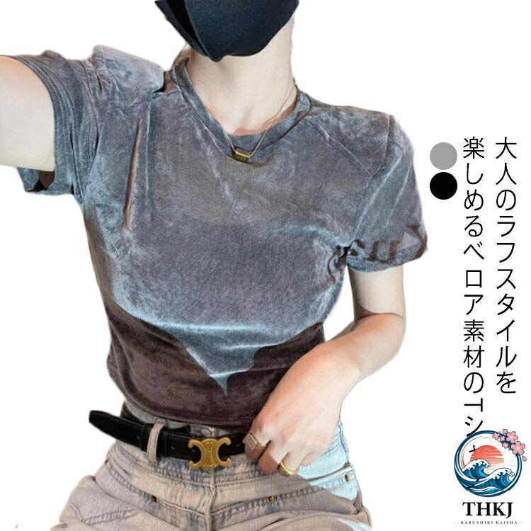 【全品2点で5%OFF】シアー ベロア T シャツ トップス 半袖 レディース ショート丈 透け感 t シャツ カットソー おしゃれ きれいめ 上品 スリム 細身 夏