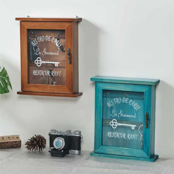 収納ボックス キーケース 鍵収納 ボックス 箱 木製 アンティーク レトロ フック付き 小物入れ 壁掛け ..