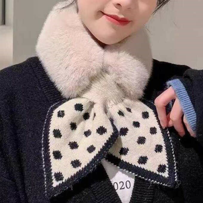 レディース スカーフ ファー マフラー クロスデザイン ドット柄 水玉 模様 ネックフォーマー 冬用 もこもこ ふわふわ ベージュ ホワイト ピンク グレー ブラック 3