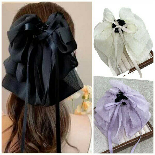 ヘアクリップ リボン ブラック ホワイト パープル クリップ シフォン シンプル 無地 ふわふわ 可愛い エレガント キュート カジュアル ガーリー