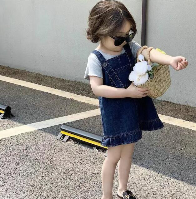 デニムジャンパースカート＋Tシャツ 2点セット｜女の子 キッズ おしゃれ 春夏コーデ｜80～130cm ワンピース風 重ね着風 セットアップ サロペット