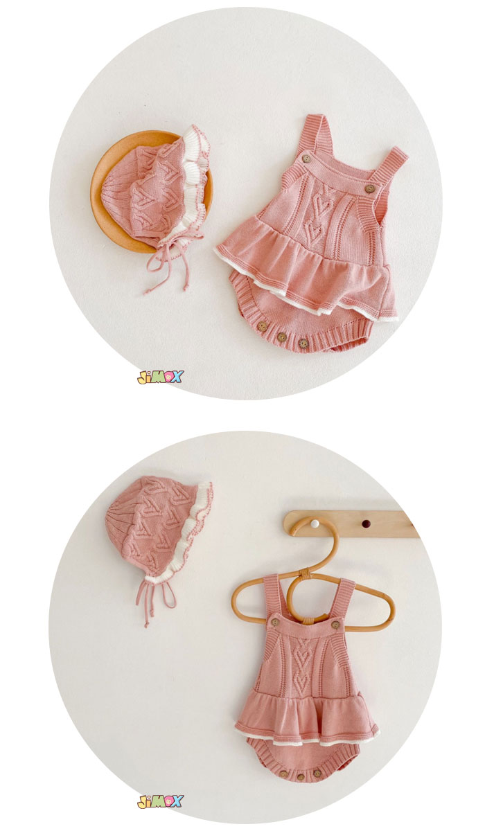 ★60cmメール便送料無料 ベビーロンパース　サロベット　帽子付き　ピンク　スカート付きのサロベット　三つ編み柄　無地　簡単　春秋　ベビーオールインワン　ベビー服　子供服　女の子　長丈　可愛い　シンプル 2