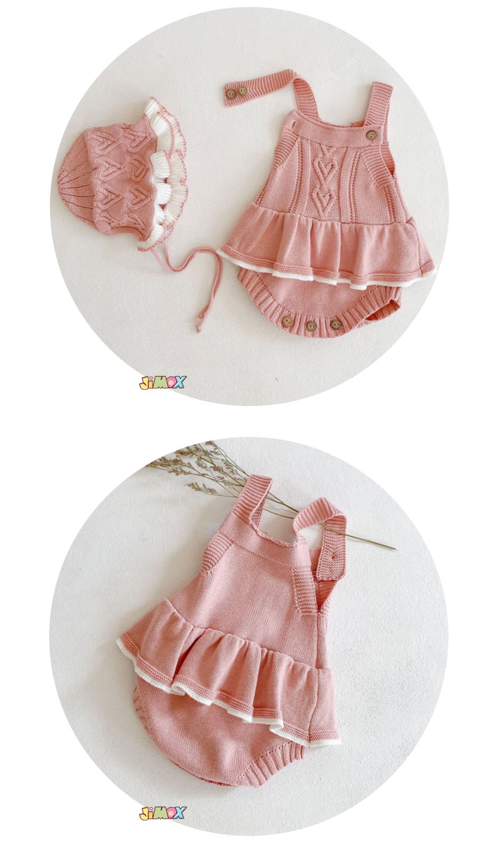 ★60cmメール便送料無料 ベビーロンパース　サロベット　帽子付き　ピンク　スカート付きのサロベット　三つ編み柄　無地　簡単　春秋　ベビーオールインワン　ベビー服　子供服　女の子　長丈　可愛い　シンプル 3