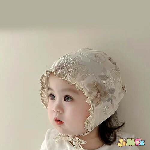 帽子 キッズ ぼうし ハット　ボンネット　花柄　　新生児　レース風　刺繍つき　女の子　出産祝い　ア..