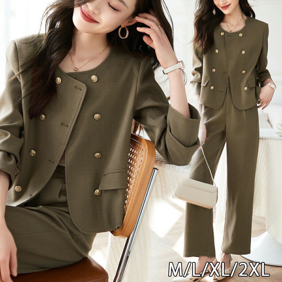 送料無料 パンツスーツ スーツ レディース ビジネススーツ セットアップ ジャケット カジュアル 秋 ツイードジャケット ジャケット ツイードコート 2点セット...