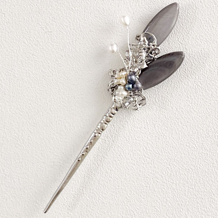 セール10%韓国コチNo145 かんざしコチ・枝かんざし2■cochi-145-s【天然石】【かんざし】【簪】【ヘア飾り】【グレー】【シェル】