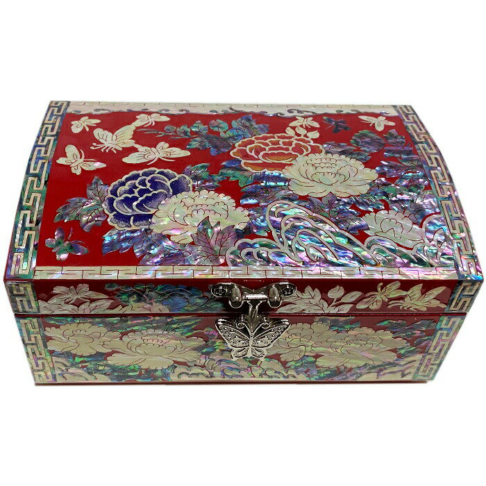 螺鈿 高級 ジュエリーボックス 高級 宝石箱 波花 蝶■jewelrybox-17-s 鏡付き アクセサリーケース 花柄 赤 ちょうちょ リング プレゼント お...