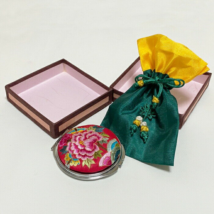 韓国手刺繍丸型コンパクト・レッド■compact-5-s【コンパクト】【かわいい】【拡大鏡】
