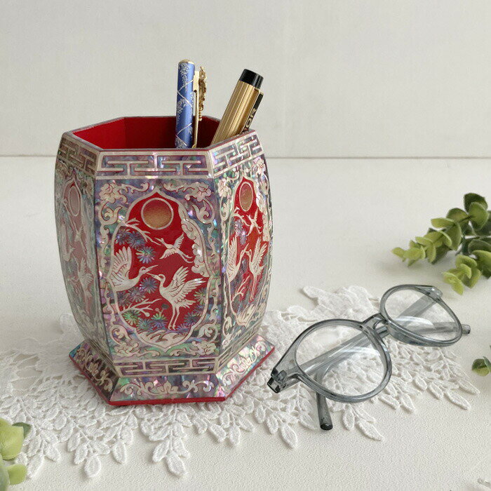 セール10%韓国漆螺鈿ペン立て 更紗鶴■pencase-16-s【ギフト】韓国お土産 雑貨チマチョゴリかわいい文房具インテリア