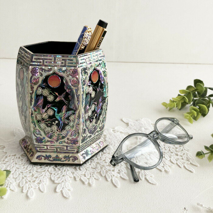 セール10%韓国漆螺鈿ペン立て 更紗鶴■pencase-17-s【ギフト】韓国お土産 雑貨チマチョゴリかわいい文房具インテリア