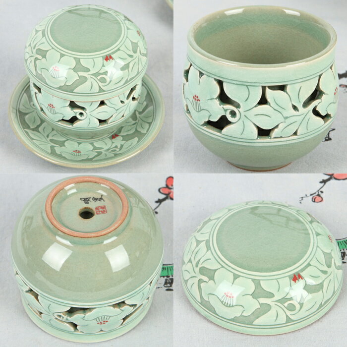 韓国青磁茶器牡丹2客8ピース （2客分・蓋、茶こし付き）■chaki-1-s【ギフト】【お土産】【長寿祝】【引出物】