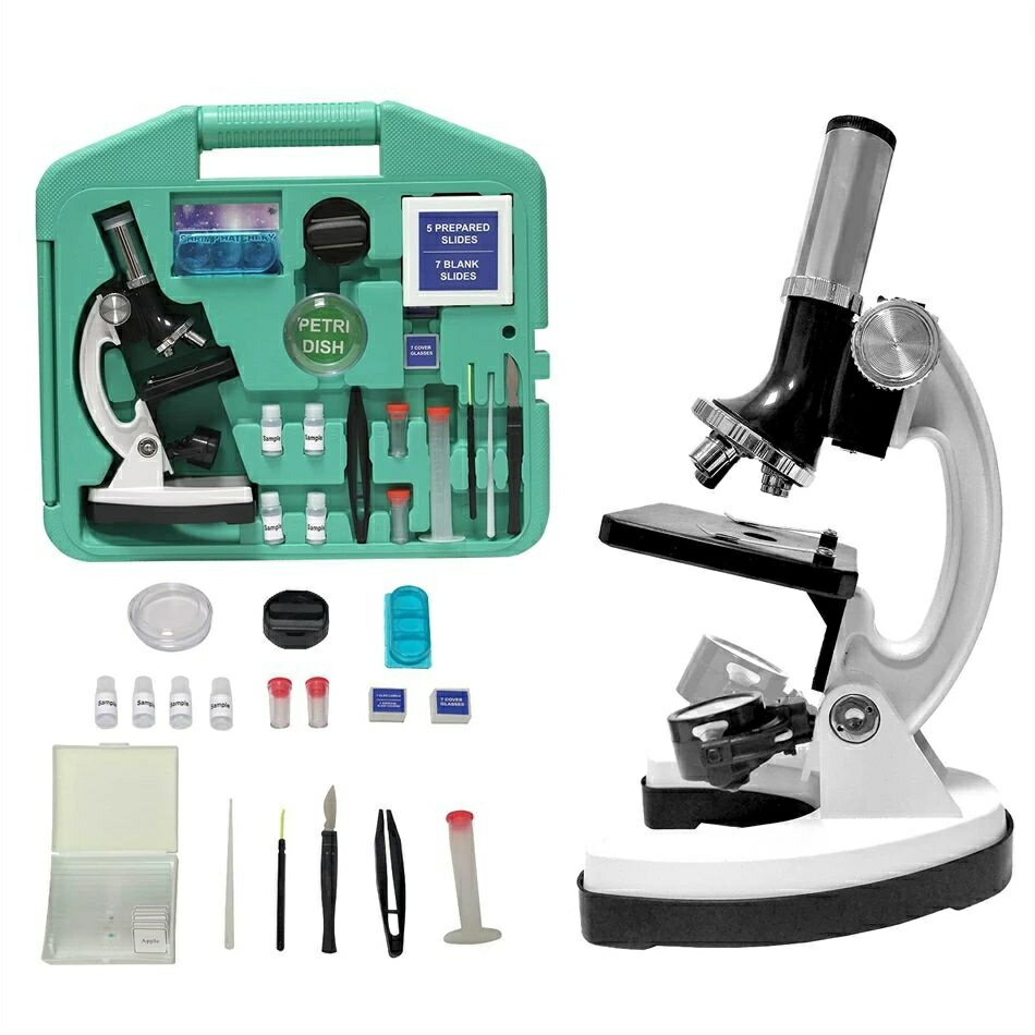 顕微鏡 100~1200倍の子供用顕微鏡 学生初心者向け生物顕微鏡 教育用おもちゃ顕微鏡 微生物研究細胞の子供用実験観察に適しています 操作簡単 小中学校成人初心者学習 休暇中の無料研究（緑）