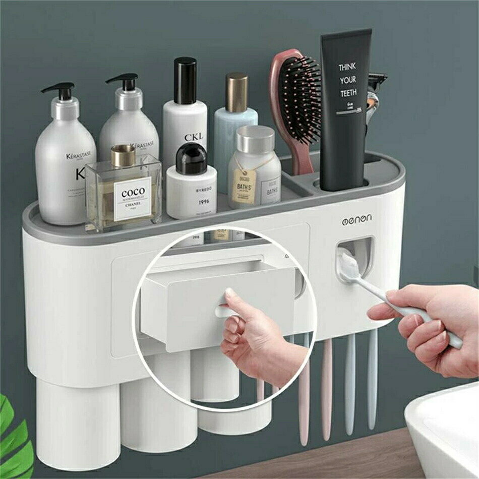 歯磨き粉ディスペンサー 歯磨きブラシ コップ ホルダー 洗面台 収納ケース 工事不要 壁掛け式 省スペー..
