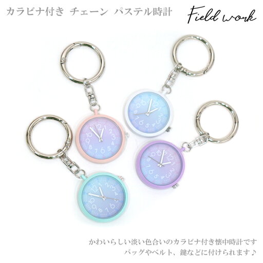 \P2倍+クーポン/ 定形外送料無料 フィールドワーク カラビナ付き チェーン パステル時計 KDS013 時計 アナログ キーホルダー キーチェーン キーチェーンウォッチ カラビナ 懐中時計 パステル キッズ かわいい