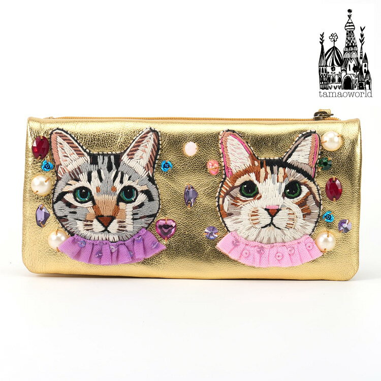 タマオワールド ネコ 長財布 ゴールド Two cats and bijoux gold 送料無料 WAL3949 刺繍 猫 ビジュー 財布 本革
