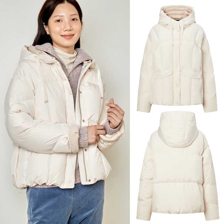 JILLSTUART SPORTS 韓国別注 レディース クリーム ニットポイント フード ソフウォーム グース ショートダウン 韓国ファッション スポーツウェア デイリルック