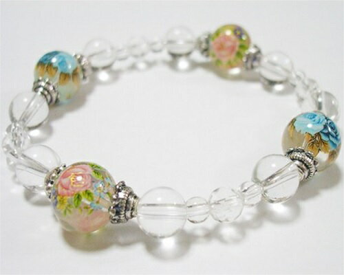 天然石薔薇プリント10mm水晶ピン...