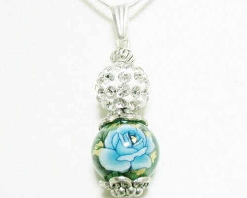 楽天ちょい屋 JAPANTV話題 天然石 ブルー　薔薇 プリント アベンチュリン 12mm＆ きらきらボール アロマペンダント　ネックレス　認知症予防 パワーストーン　ヒーリング