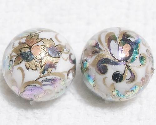 天然石プリントビーズ　ハウライト　14mm　虹色フラワー　アクセサリーパーツ アク...