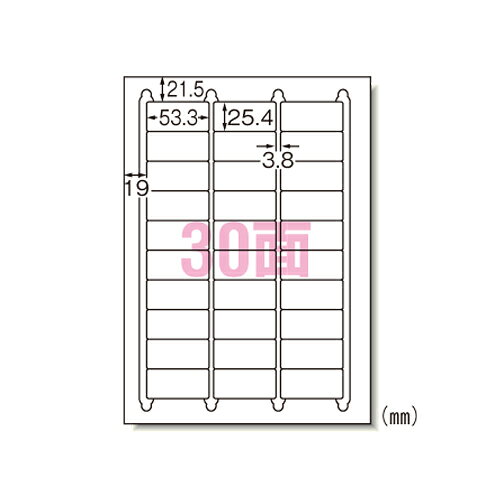 ●入数：100枚 ●規格：A4判30面●1片寸法：縦25．4×横53．3mm●紙種：上質紙，インクジェット専用塗工●総紙厚：0．15mm●角丸●対応プリンタ：インクジェット●対応インク：染料，顔料