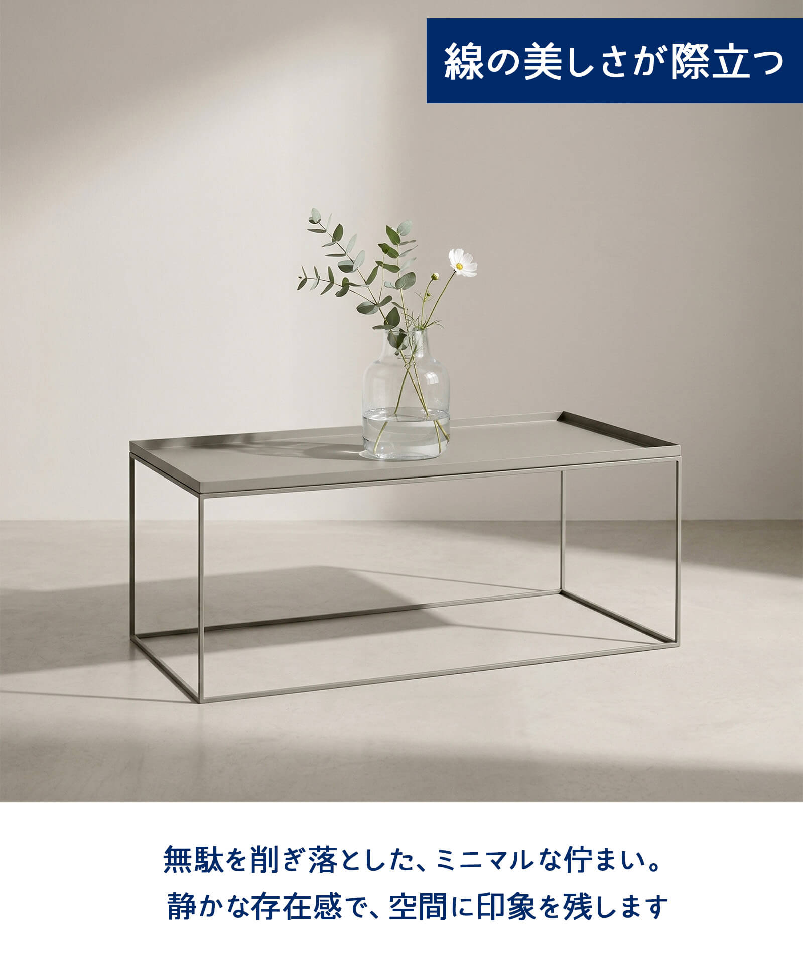 ローテーブル センターテーブル おしゃれ スリム 縁付き トレー ミニマル スチール 90cm コンパクト 北欧 モダン シンプル リビングテーブル ブラック ホワイト グレー 耐久性 デザイン家具 cotona ノーブル [3]