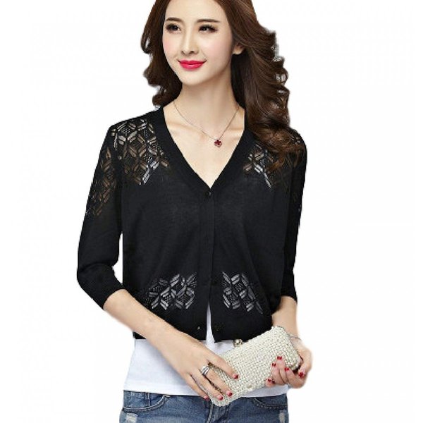 サマー カーディガン レディース 七分袖 Vネック ニット 透かし レース編み ボレロ風 春 夏 秋