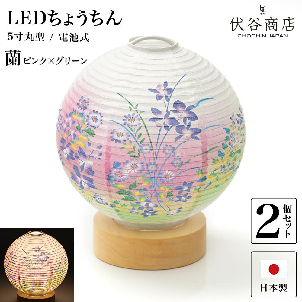 テーブルライト おしゃれ 【 LED 5寸丸 提灯 蘭 ピンク＆グリーン 】( 2個セット ) 盆提灯 盆ちょうちん お盆提灯 ミニ コードレス 花 初盆 電池式 電池式 お盆 提灯 お彼岸 ミニサイズ お盆飾り 新盆 お供 御供 御仏前 初盆セット 初盆提灯 お盆用品 コンパクト 小型 1