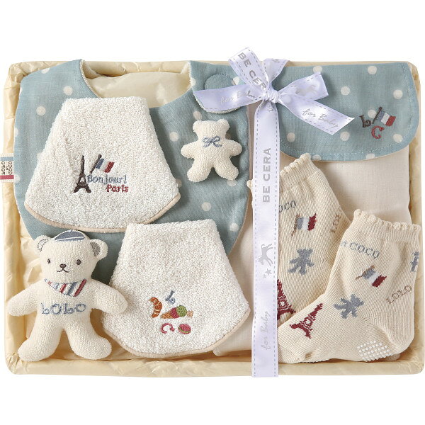 かわいいクマのモチーフとやさしいブルーの水玉柄で、出産お祝いにぴったりのギフトセットです。 サイズ ●現品（スタイ）約18．5×19cm、（汗取りパット）約20．5×23．5cm、（ソックス）約11～13cm、（ガラガラクマ）約9．5×10×3cm、（授乳スタイ）約14．5×18cm 材質 ●（スタイ・汗取りパット）綿100％（オーガニックコットン）、（ソックス）綿（オーガニックコットン）・ナイロン・ポリウレタン、（ガラガラクマ）表地＝綿100％（オーガニックコットン）・中わた＝ポリエステル100％・鈴玉＝スチロール、（授乳スタイ）綿100％ 内容 ●スタイ・汗取りパット・ソックス・ガラガラクマ×各1、授乳スタイ×2●（スタイ・汗取りパット・ソックス）家庭洗濯可（洗濯機・ネット使用）、（ガラガラクマ・授乳スタイ）家庭洗濯可（手洗い）●対象年齢：（ガラガラクマ）0ヶ月～ ※実店舗と在庫を共有しているため、ご注文頂きましても商品をご用意できない場合がございます。発送までに10日程度お時間を頂く場合がございます。