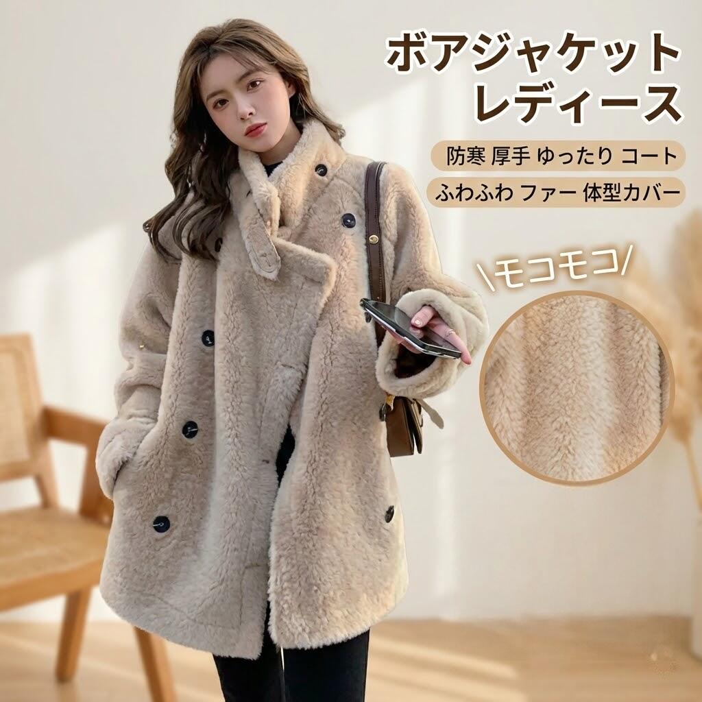Rakuten - ボアジャケット レディース 防寒 厚手 ゆったり コート 柔らかい ふわふわ ファー 体型カバー 無地 通勤 アウトドア用