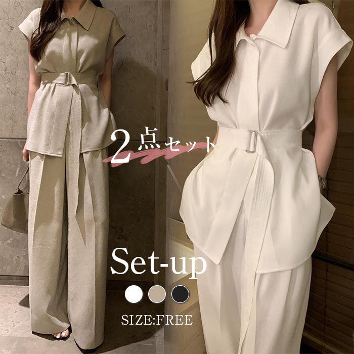 セットアップ レディース 40代 夏 春 Tシャツ ブラウス ワイドパンツ きれいめ ロングパンツ 体型カバー 着痩せ 送料無料 薄い ワイド パンツセットアップ 涼しい