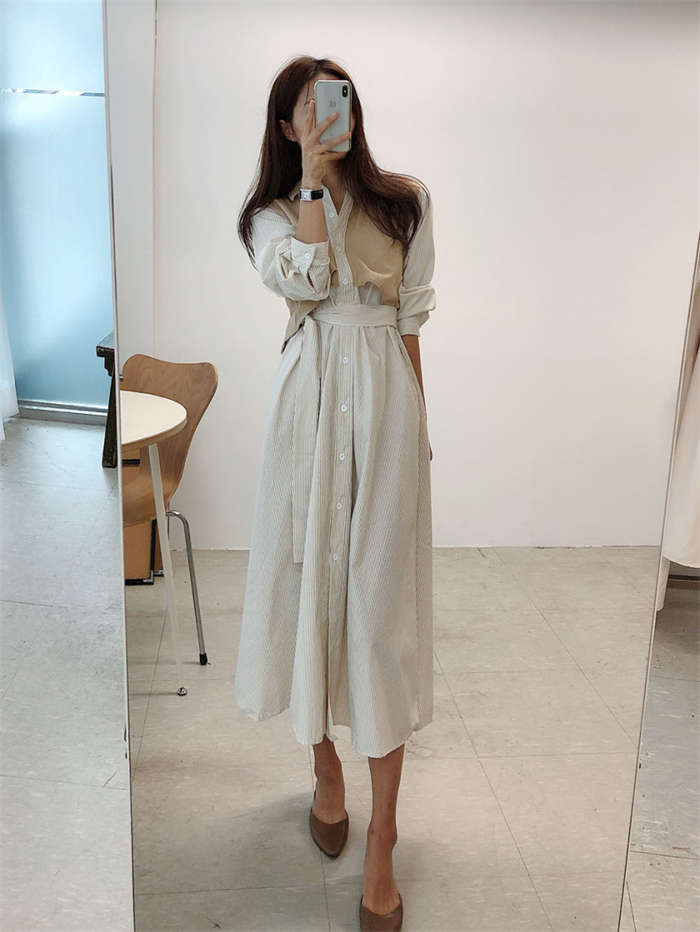 シャツワンピース 長袖 ロング 春 ストライプ 大きいサイズ 切り替え レディース レイヤード風 ロングシャツ ロングワンピース シャツワンピ マキシワンピース マキシ丈 きれいめ 大人 前開き ゆったり カジュアル エレガント 体型カバー ブラック ベージュ S M L XL