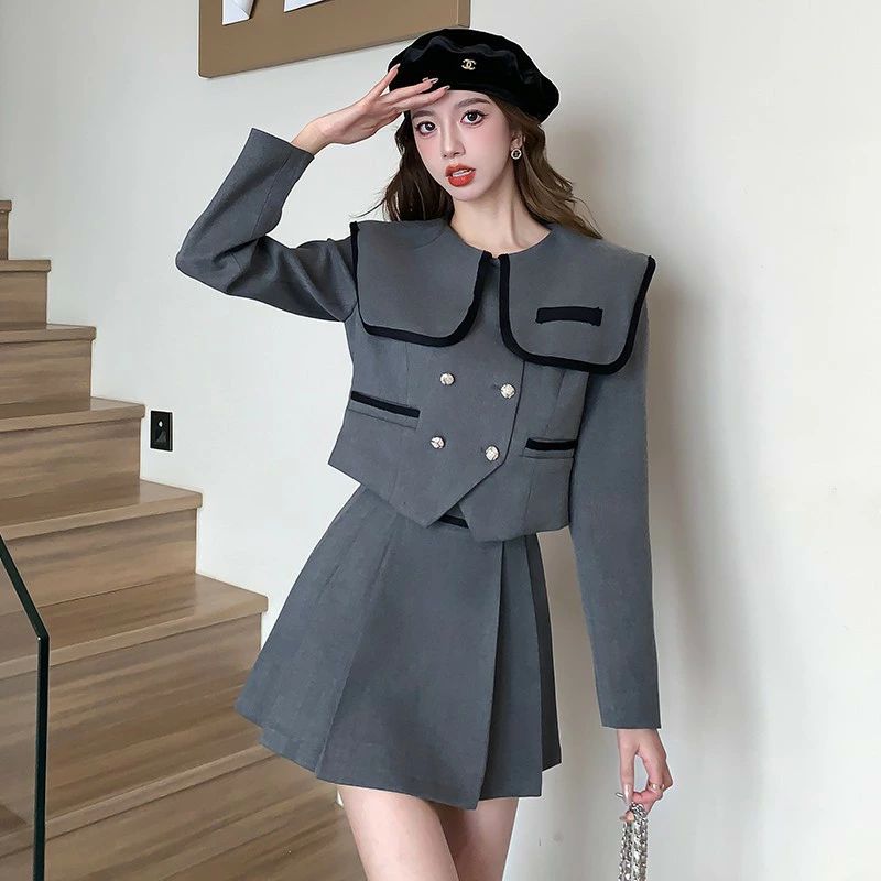 卒業式 スーツ 女の子 卒服 韓国 制服 高校生 韓国 おしゃれ なんちゃって制服 入学式 フォーマルスーツ 学生服 グレー セミフォーマル 女子 中学生 スカート ブラウン 可愛い 2色 ジャケット 小学校 入園式 卒園式 発表会 お受験 大きいサイ chouette122-10004464 neo03 サンプル画像2