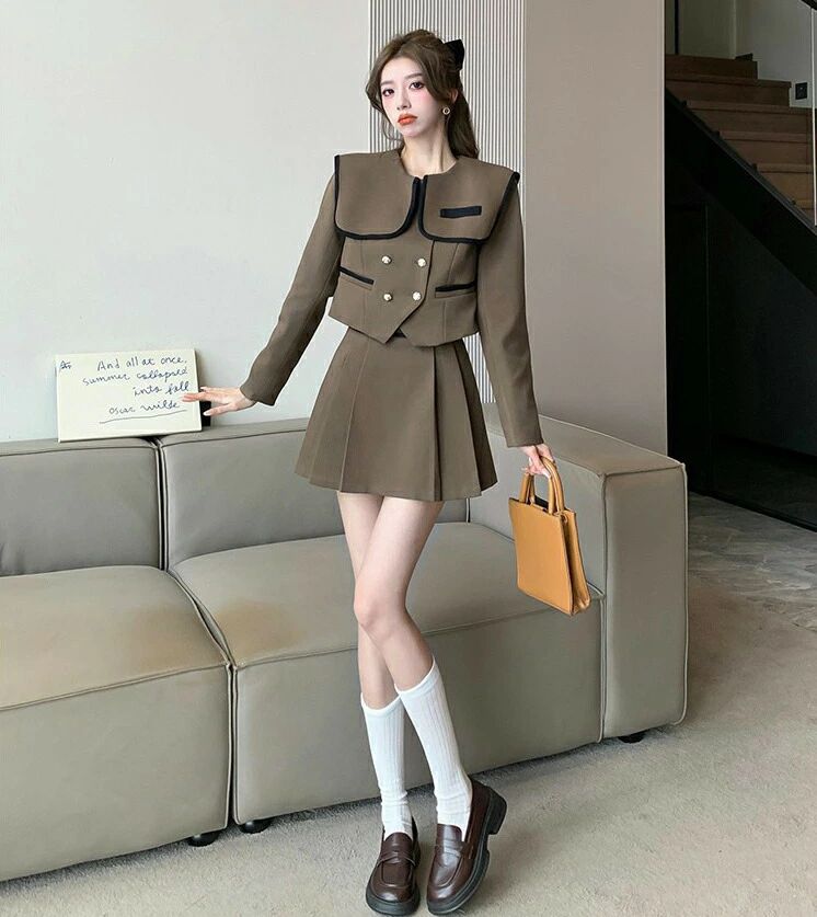 卒業式 スーツ 女の子 卒服 韓国 制服 高校生 韓国 おしゃれ なんちゃって制服 入学式 フォーマルスーツ 学生服 グレー セミフォーマル 女子 中学生 スカート ブラウン 可愛い 2色 ジャケット 小学校 入園式 卒園式 発表会 お受験 大きいサイ chouette122-10004464 neo03 サンプル画像3