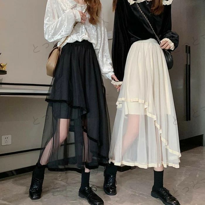 ロングスカート チュール 透け感 アシンメトリー 個性的 スカート 春 夏 ボトムス かっこいい 韓国 オルチャン シフォン Aライン シースルー こなれ感 ガーリー 主役級 存在感 ラブリー フェミニン おしゃれ 大人可愛い 白 黒 ホワイト ブラック 大人かわいい セクシー モノ