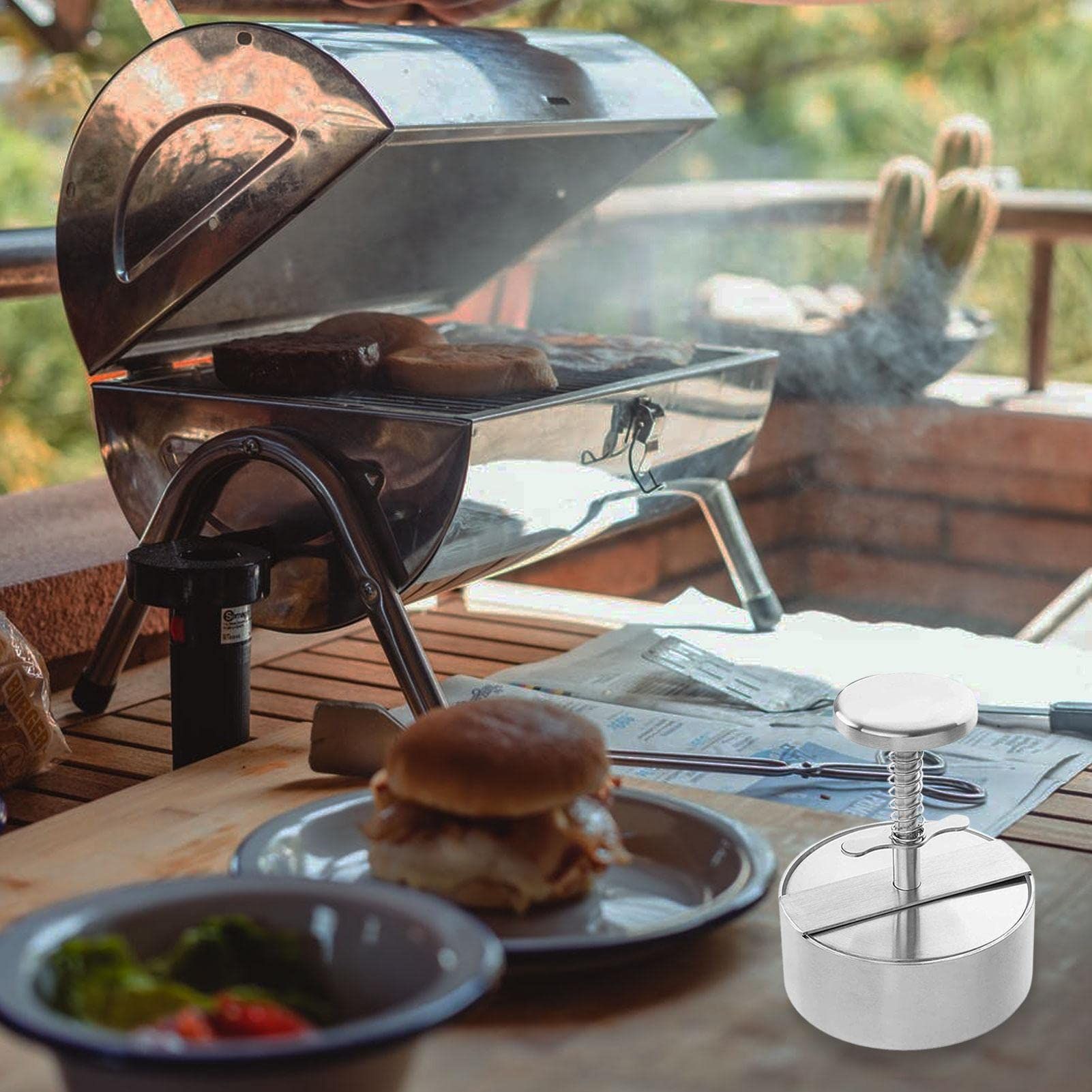 ハンバーガープレス 肉プレス ハンバーガーメーカー ステンレス鋼製 ミートプレス パティ作り 調理器具 キッチン用品 ハンバーガーメーカー ミートプレス お手入れ簡単 時間節約 多用途 手軽にパテが作れ ホームパーティ アウトドア キャンプ バーベキュ chouette122-10003022 neo03 サンプル画像2