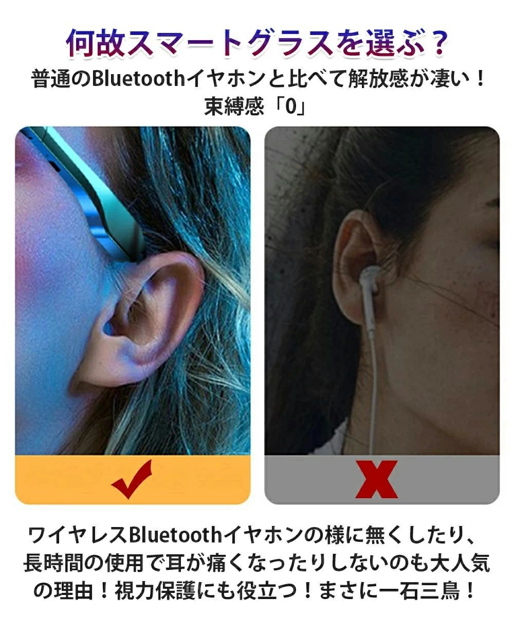 骨伝導イヤホン 音楽再生 通話可能 bluetooth ワイヤレスイヤホンスマートグラス ...